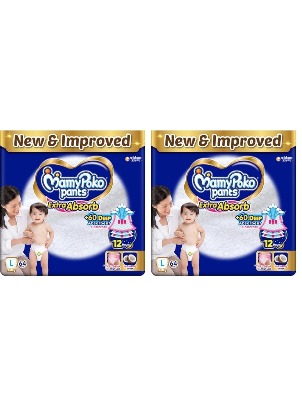 MamyPoko Pants Extra Absorb Baby Diapers, Large (L), 64 Count, 9-14kg (Pack of 2)