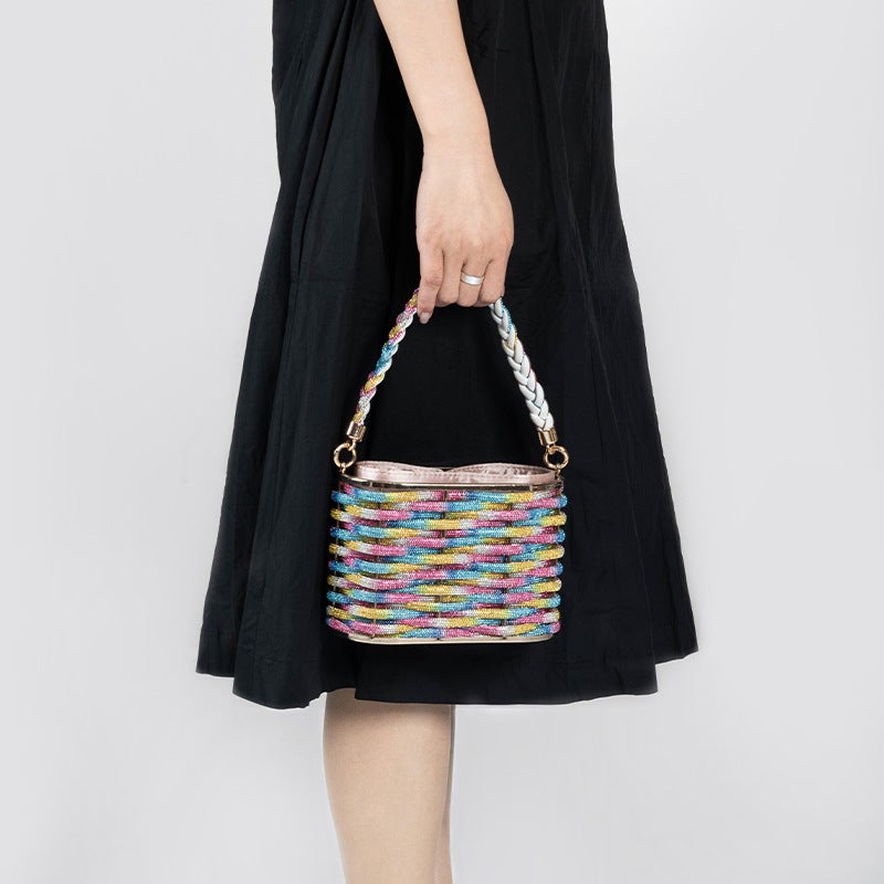 Export Fashion Light Luxury Rhinestone Woven Basket Bag Ladies Dinner Wedding Elegant Handbag Shoulder Crossbody Bag - Image 3