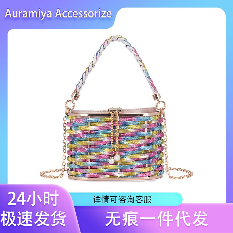 Export Fashion Light Luxury Rhinestone Woven Basket Bag Ladies Dinner Wedding Elegant Handbag Shoulder Crossbody Bag - Image 2