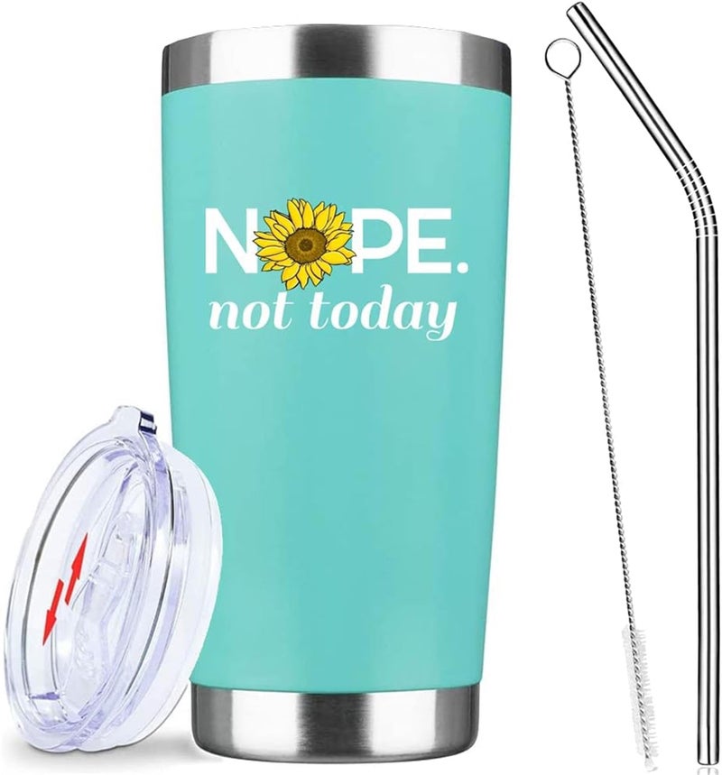 Nope Not Today Sunflower Tumbler 20 Oz Stainless Steel Insulated Travel Coffee Mug with Lid Straw and Brush Funny Floral Iced Coffee Cup Gifts for Women Mom Daughter FriendsGREEN
