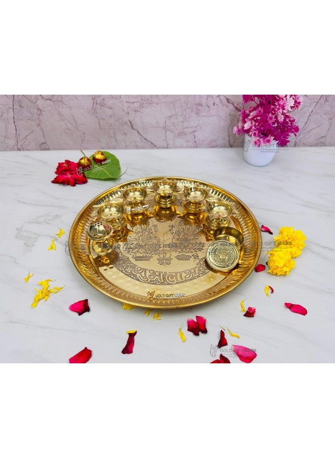 GoldGiftIdeas أفكار هدايا ذهبية مجموعة صينية لاكشمي غانيش بوجا آرتي من النحاس 12 بوصة للهدايا، صينية بوجا زخرفية، مادة بوجا للهدايا، صينية بوجا نحاسية لاحتفال ديوالي، هدية زفاف - Image 2