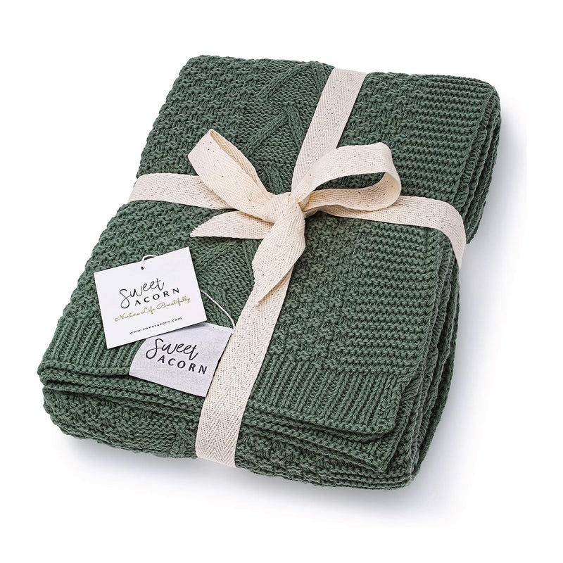 Sweet Acorn Knit Baby Blanket in Elegant Pattern Organic Cotton Blankets for Crib or Stroller Receiving Blankets  Juniper Green