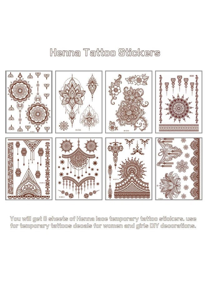 AIUPUOC Brown Temporary Tattoo Stickers 8 Sheets Henna Stickers Exquisite Lace Mandala Waterproof Fake Tattoos stickers Parties Decoration Suppliers Flower Design for Women Arm Legs Body Art Party Decorations - Image 2