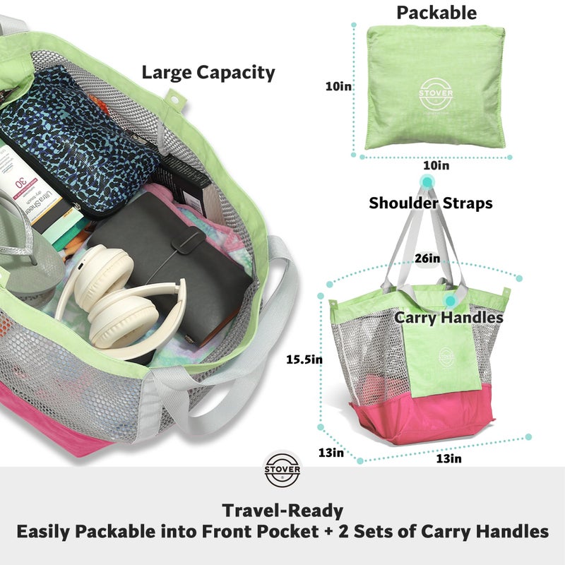 STOVER Extra Large Mesh Nylon Beach Bag, Vacation, Pool, Shopping, Toy, & Travel Tote - Foldable w/Storage Pouch & Pockets for Women, Men & Families - Heavy-Duty and Water-Resistant (Pink/Light Green) - Image 4