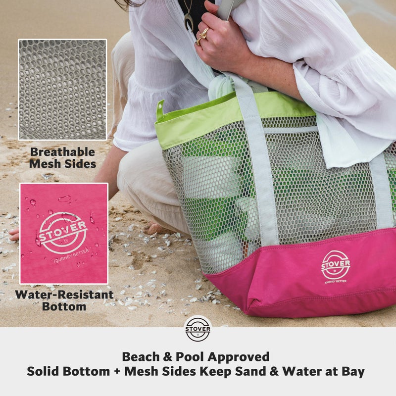 STOVER Extra Large Mesh Nylon Beach Bag, Vacation, Pool, Shopping, Toy, & Travel Tote - Foldable w/Storage Pouch & Pockets for Women, Men & Families - Heavy-Duty and Water-Resistant (Pink/Light Green) - Image 3