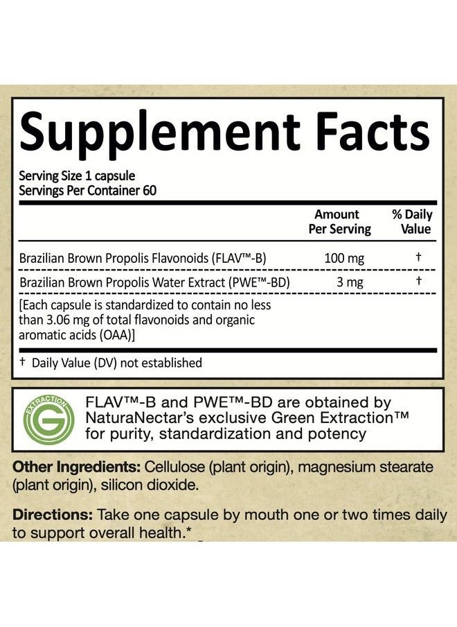 NaturaNectar - Brown Bee Propolis Nsf Contents Certified Premium Brazilian Propolis Supplement Natural Respiratory Health & Immune Support Gluten Free Ethanol Free 60 Count - Image 1