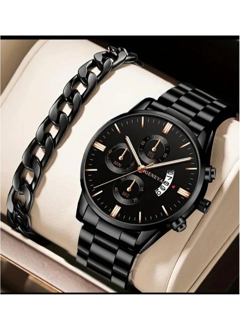 2 Piece Men's Watch and Bracelet Set Stainless Steel Quartz Movement Calendar Date Feature