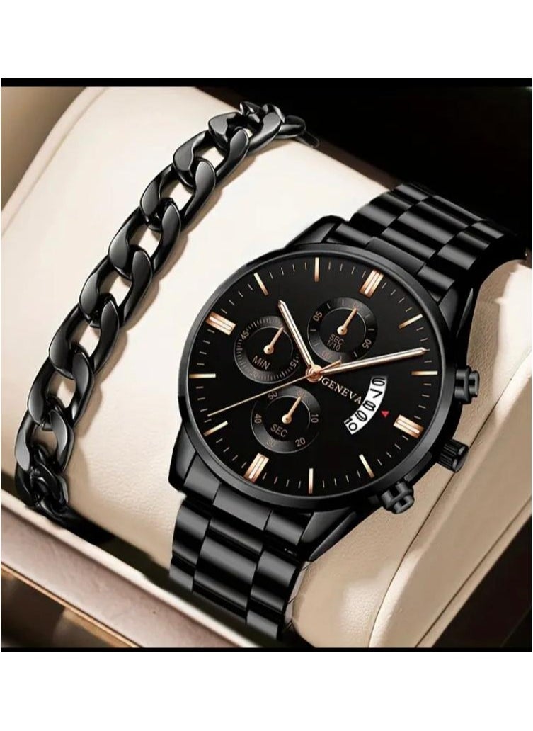 Geneva 2 Piece Men's Watch and Bracelet Set Stainless Steel Quartz Movement Calendar Date Feature 