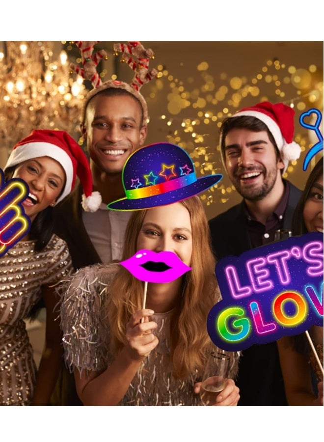 25 Glow in the Dark Neon Photo Booth Props with Sticks - Perfect for Disco Black Light Birthday Parties and Glow in the Dark Party Decorations. Fun Party Supplies for Memorable Celebrations! - Image 2