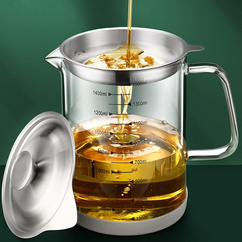 15L50oz Glass Bacon Grease Container with Strainer Cooking Oil Storage Can with Fine Mesh Filter and Scale Lid and EasyGrip HandleFat Separator for Storing Fats Frying Oil and Cooking Grease