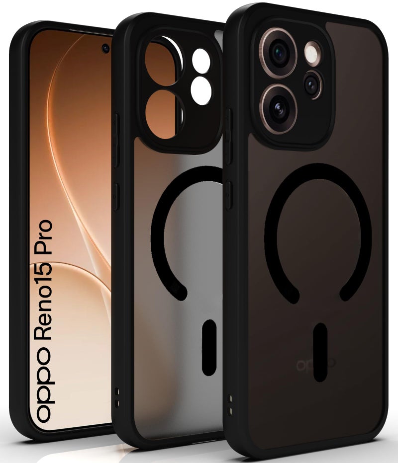 RIGGEAR Shockproof Sleek Hybrid Armor Magnetic Back Cover Case Compatible with MagSafe Accessories for Oppo Reno15 Pro, Reno 15 Pro 5G (Smoke Black Matte PC + Black TPU-Bumper) - Image 1