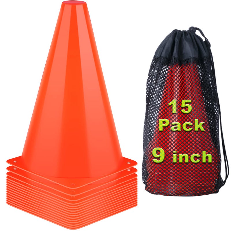 9 Inch Cones Sports 15 Pack Orange Soccer Cones Training Agility Field Marker Plastic Traffic Cones for Football Basketball Drills Multipurpose Practice Indoor Outdoor Games Activity Party Events
