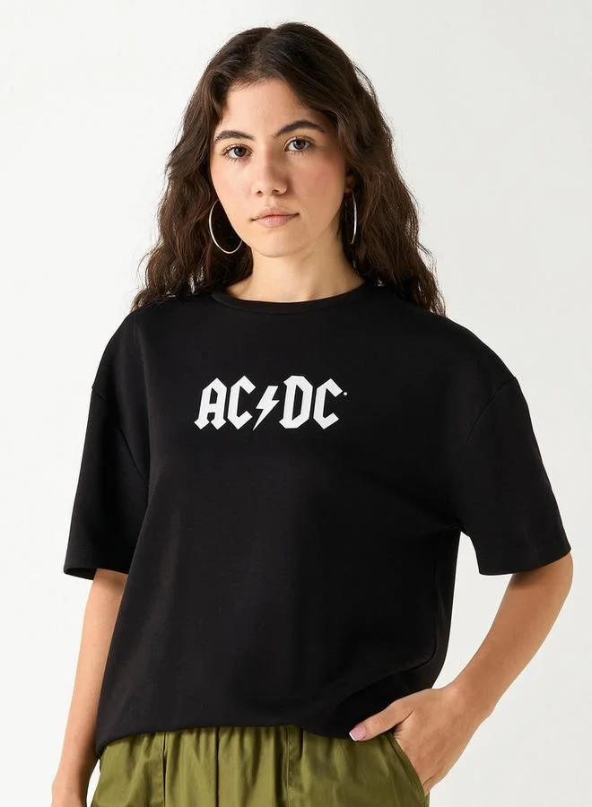 SP Characters AC/DC Print Crew Neck T-shirt with Short Sleeves