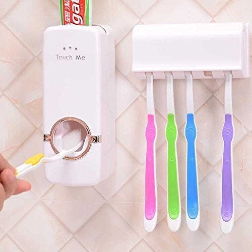 Dhruheer Plastic Automatic Toothpaste Dispenser with Tooth Brush Holder for Homes and Bathrooms Multicolour 16x105x76cm - Image 1