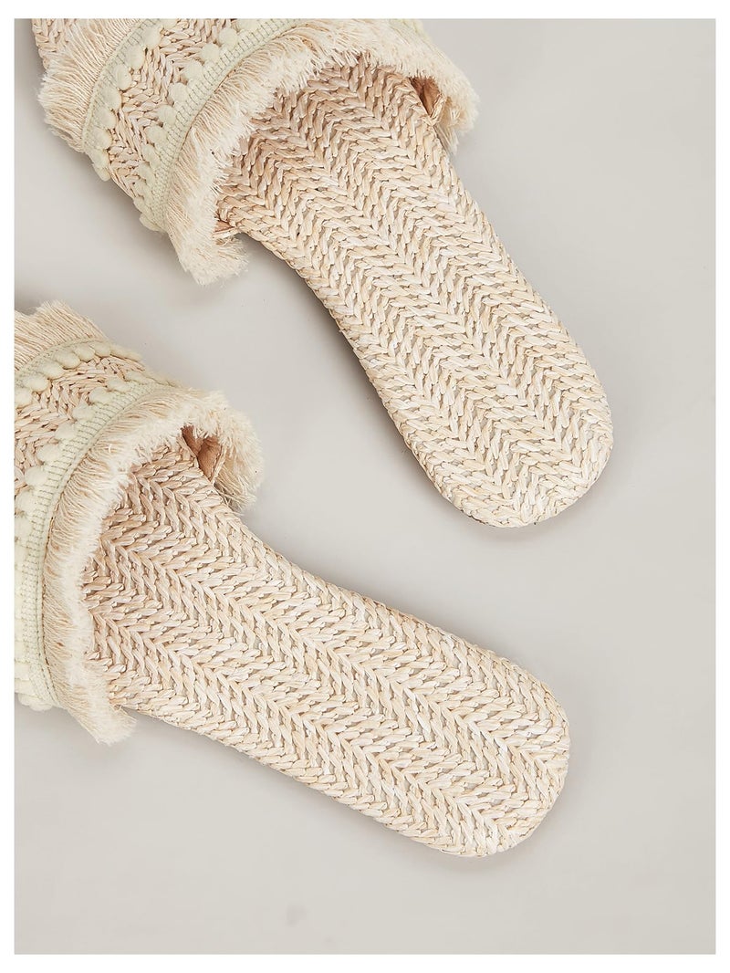 OYOANGLE Women's Fringe Straw Sandals Crochet Open Toe Single Band Flat Slip On Sandals Beige 7 - Image 2
