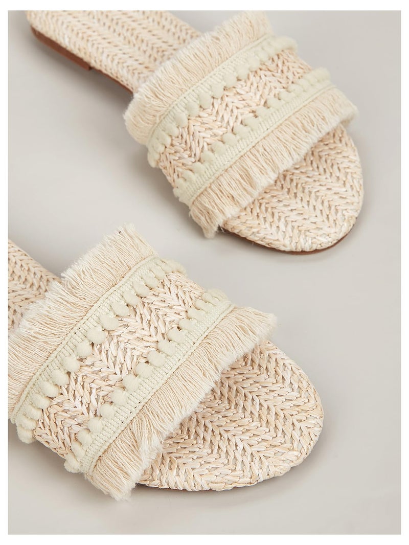 OYOANGLE Women's Fringe Straw Sandals Crochet Open Toe Single Band Flat Slip On Sandals Beige 7 - Image 4