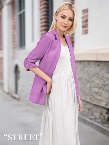 Mina Self Purple Blazer Women 3/4 Sleeve Petite Length Sleeves Jackets Ruched Strechy Short Blazers for Dresses Stretch Jacket Purple L - Image 4