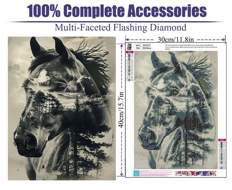 BOHADIY Horse Diamond Art Painting Kits for Adults, Full Drill Tree Diamond Dots Paintings for Beginners, Round 5D Paint with Diamonds Pictures Gem Art Painting Kits DIY Crafts16x12inch Animal Gray - Image 2