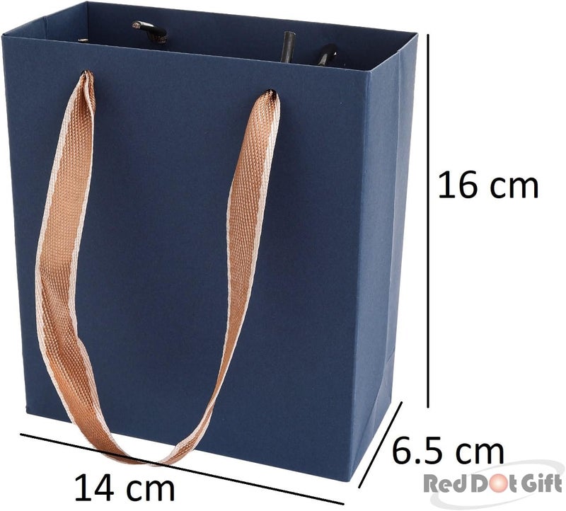 Red Dot Gift 10-Pack Luxury Navy Blue Gift Bags, H16x14x6.5cm(Mini Size)230gsm Heavy Duty Small Paper Bags with Gold Satin Ribbon Handles for Jewelry, Perfume, and Party Favors - Image 2