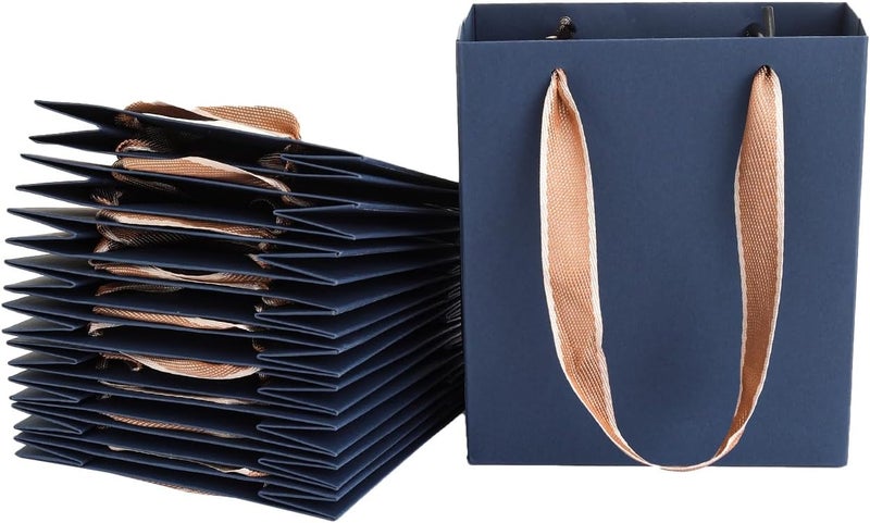 Red Dot Gift 10-Pack Luxury Navy Blue Gift Bags, H16x14x6.5cm(Mini Size)230gsm Heavy Duty Small Paper Bags with Gold Satin Ribbon Handles for Jewelry, Perfume, and Party Favors - Image 1