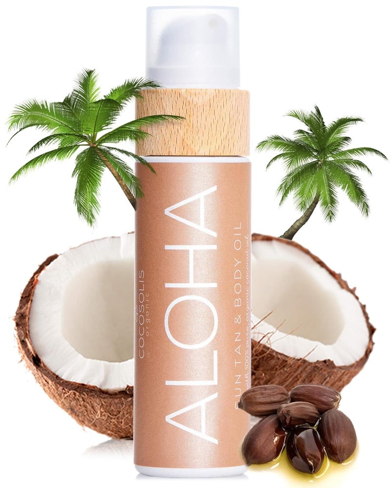 COCOSOLIS ALOHA Sun Tan  Body Oil  Organic Tanning Bed Lotion  Get Healthy Deep Chocolate Tan  Tanning Accelerator with 5 Precious Oils to Make Your Skin Glowing  Revitalized 110 ml