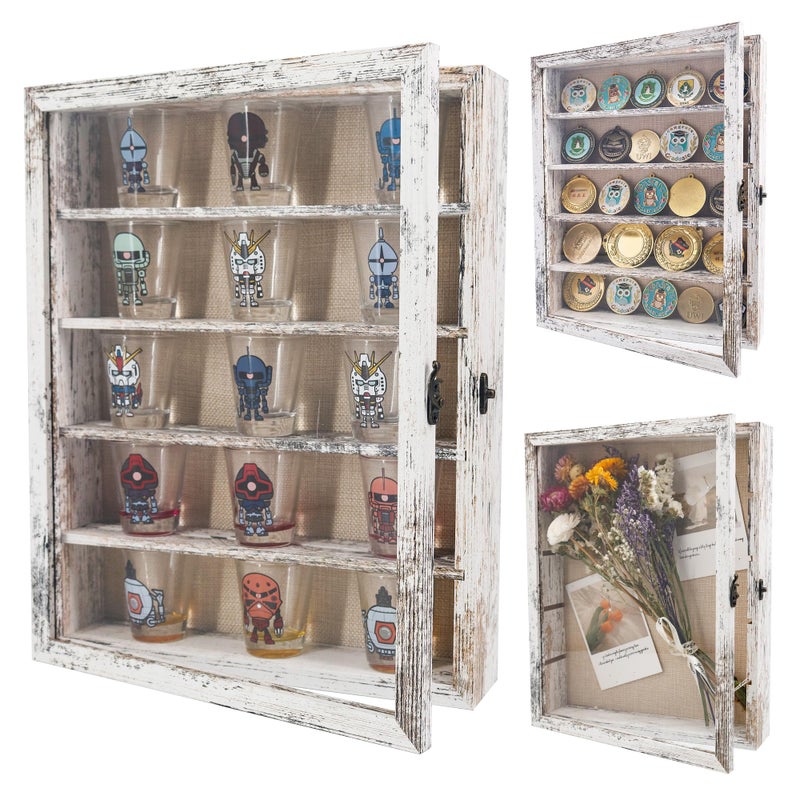 FramePro 11x14 Display Case with Adjustable Shelves White 4Tier Memory Shadow Box for Wall Deep Wooden Keepsake Display Shelf with Locking Door for Memorabilia Photos Medals Wedding Home Decor