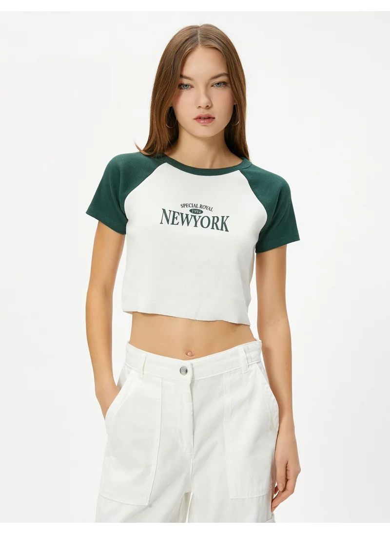 KOTON Koton College Crop T-Shirt Cotton Color Block Printed Short Sleeve