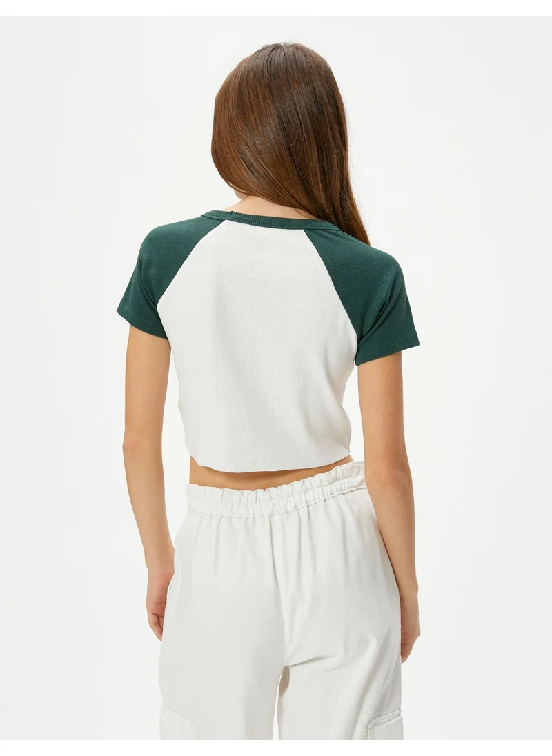 KOTON Koton College Crop T-Shirt Cotton Color Block Printed Short Sleeve