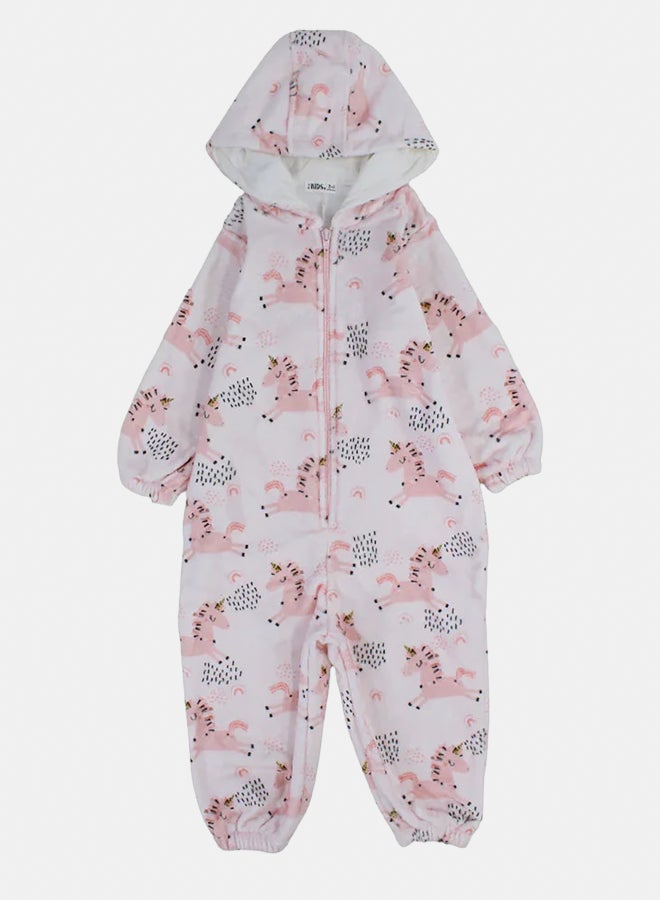 اوركيدز بيجاما فرو قطعة واحدة للبنات بغطاء رأس – وردي بطبعة يونيكورن - Image 1