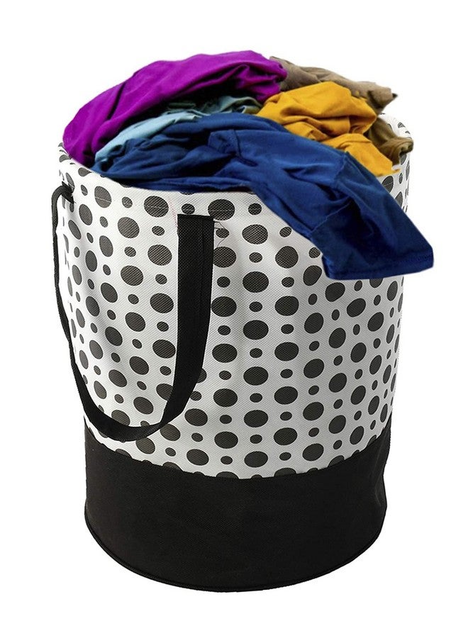 Kuber Industries Non Woven Non-Woven Round Laundry Basket For Clothes|Polka Dots Print Foldable Toy Storage Organizer|Reinforced Handle With Sturdy Base 45 Ltr (White) - Image 2