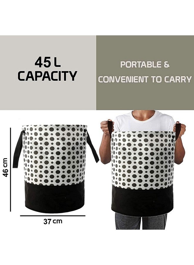 Kuber Industries Non Woven Non-Woven Round Laundry Basket For Clothes|Polka Dots Print Foldable Toy Storage Organizer|Reinforced Handle With Sturdy Base 45 Ltr (White) - Image 4