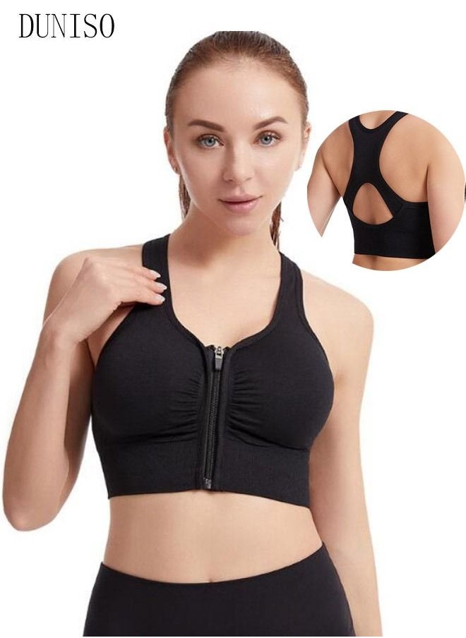 DUNISO - Women's Zip Front Sports Bra Active Yoga Girl Sports Bras Wirefree Lightweight Comfort Bra with Adjustable Strap for Yoga Running L - Image 1