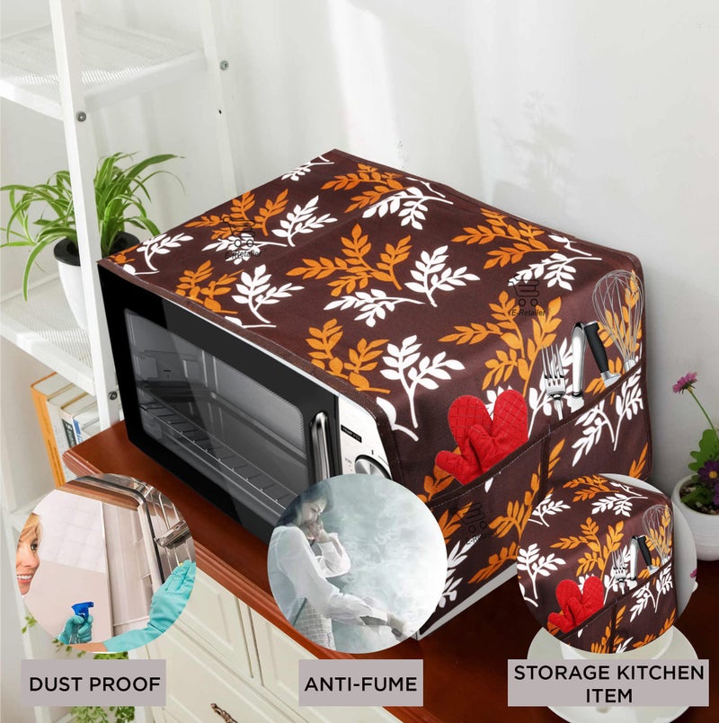E-Retailer® Exclusive 3-Layered Polyester Combo Set of Appliances Cover (1 Pc. Fridge Top Cover, 3 Pc. Handle Cover, 1 Pc. of Microwave Oven Top Cover and 1 Pc. Front Load Washing Machine Cover) (Brown, Design-Leaf, Set Contains-6 Pcs.) - Image 5