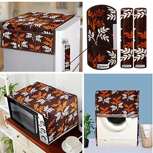E-Retailer® Exclusive 3-Layered Polyester Combo Set of Appliances Cover (1 Pc. Fridge Top Cover, 3 Pc. Handle Cover, 1 Pc. of Microwave Oven Top Cover and 1 Pc. Front Load Washing Machine Cover) (Brown, Design-Leaf, Set Contains-6 Pcs.) - Image 1