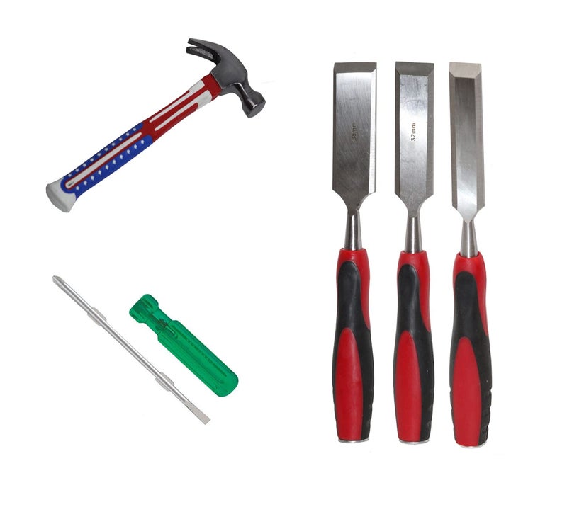 Digital Craft Digital Craft Hand Tools Kit For Home Use Chisel Kit for Woodworking Carving Size 25mm 32mm 38mmClaw Hammer6Inch 2 In 1 Screw Driver 