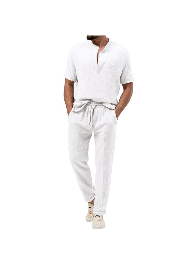 Men's Casual Pure Color T-Shirt Short Sleeve Shirt Pants Set Thin Summer - Image 1