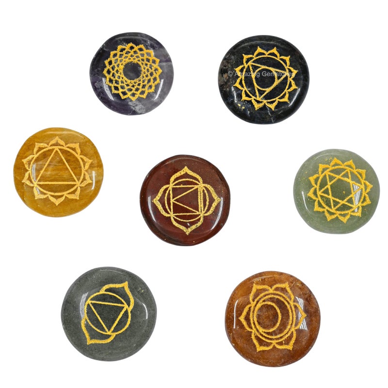 Amazing Gemstone 7 Chakra Set Reiki Healing Crystal with Engraved Chakra Symbols Chakra Balancing Polished Palm Stones Set with Velvet Pouch 