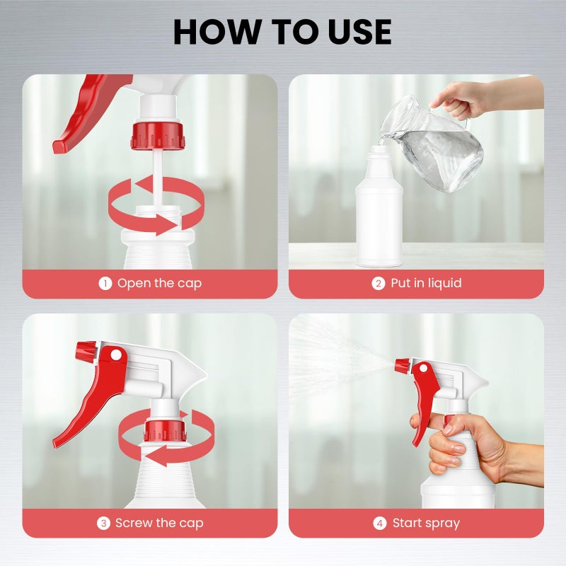 LiBa Spray Bottles (4 Pack,16 Oz), Refillable Empty Spray Bottles for Cleaning Solutions, Hair Spray, Watering Plants, Superior Flex Nozzles, Mist Sprayer, Bleach/Vinegar/Rubbing Alcohol Safe - Image 5