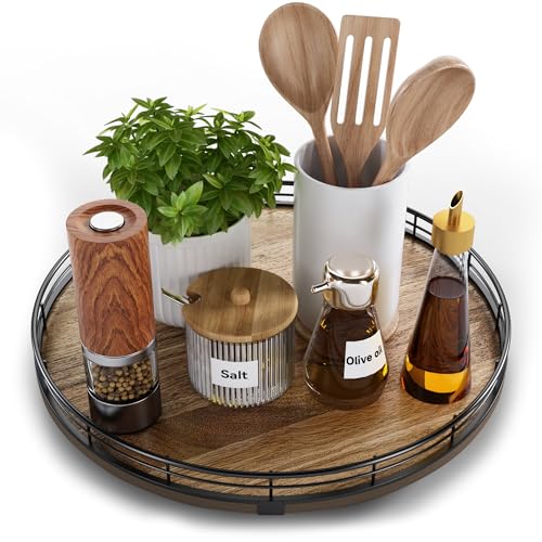 HGF Acacia Wood 13 Lazy Susan Turntable Organizer for Table Top Farmhouse Round Wooden Lazy Susan for Cabinet Kitchen Centerpieces Coffee Table for Condiments Spices Bathroom Vanity Tray Decor - Image 1