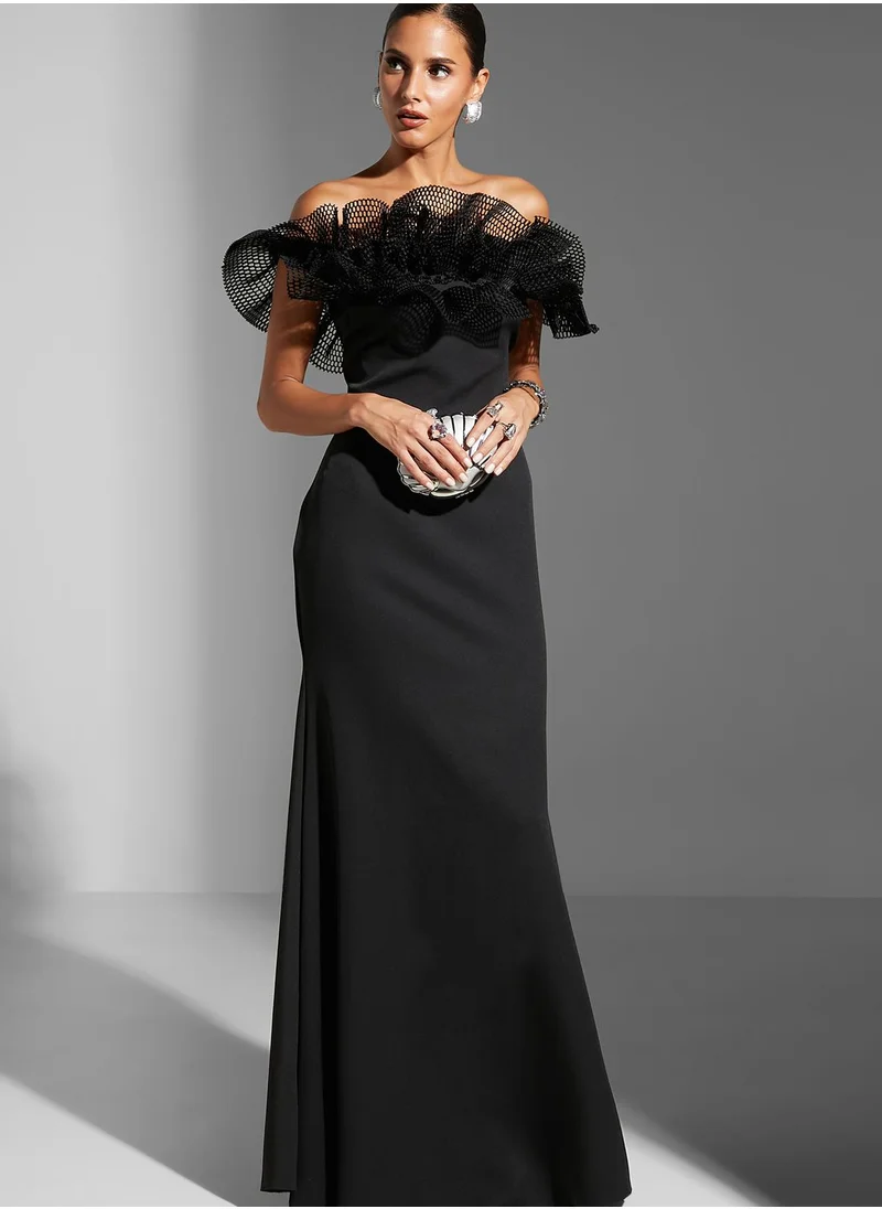 Namshi x Zena Louay Strapess Gown With Gathered Ruffles