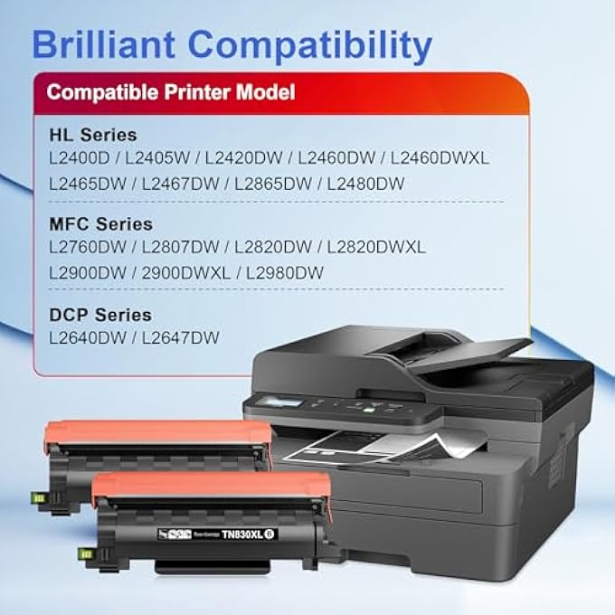 COMPATIBLE TN830XL TONER REPLACEMENT FOR BROTHER TN830XL TN830/XL/V/R TN-830XL WITH DCP-L2640DW HL-L2460DW HL-L2405W HL-L2480DW MFC-L2820DW MFC-L2820DW XL MFC-L2900DW XL (2 BLACK) - Image 3