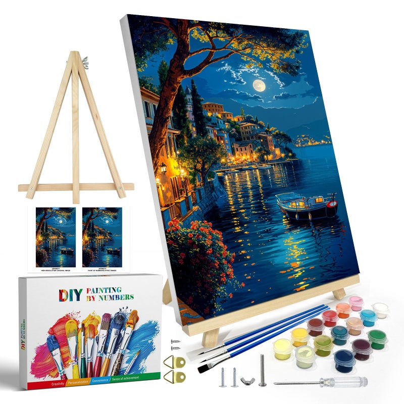 JOOZ Paint by Numbers Kit for Adults with Frame Moon Paint by Number with Easel DIY Town Lake Boat Paint by Numbers Landscape for Home Wall Decor 8 x 12 Inch