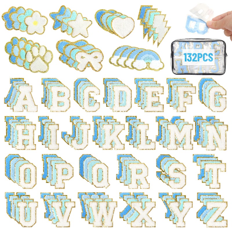 NICEVINYL Self Adhesive Chenille Patchesï¼š132PCS Blue Pre-Sort Varsity Letter Patch for DIY Bags Backpacks Hats - Heart Star Bowknot Cute Patch Stickers for Birthday Party Gifts Crafts - Image 1