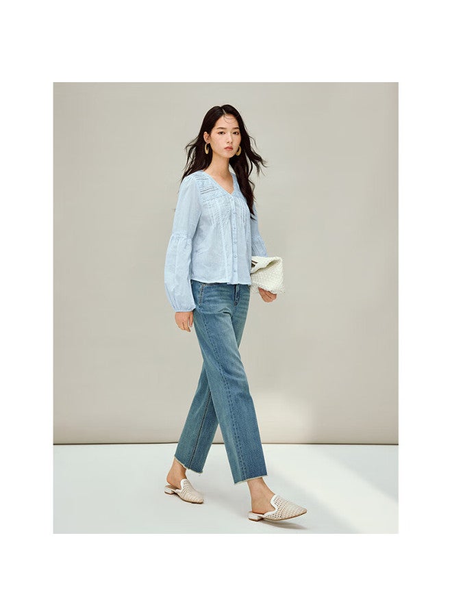 Inman Casual Raw Hem Straight Leg Jeans  Spring Women's High Waist Pants Denim Blue 28 - Image 2