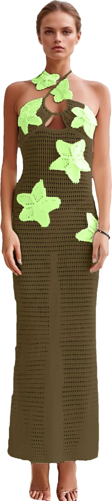 RanRui Women's Halter 3D Flower Knitted Hollow Out Beach Dress balckless Open Back Swimsuit Cover up Holiday Party Maxi Dress Halter Neck Boho Summer Resort Wear(S, Army Green +Green Flower) - Image 5