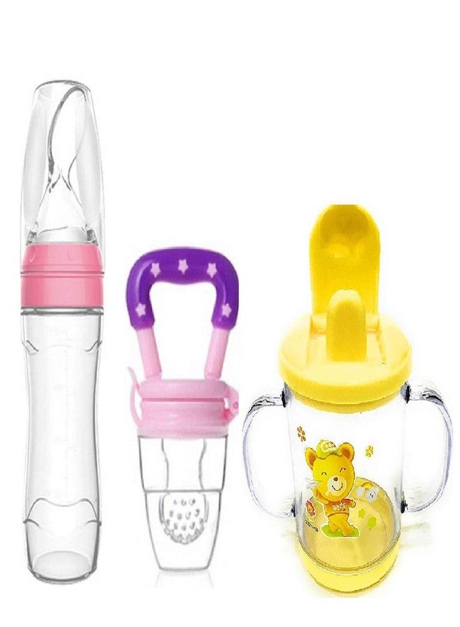 Lappu Baby Rice Paste Food Feeder with Baby Fruit Nibbler & Spout Sipper (Combo) (Pink-Pink-Yellow) - Image 1