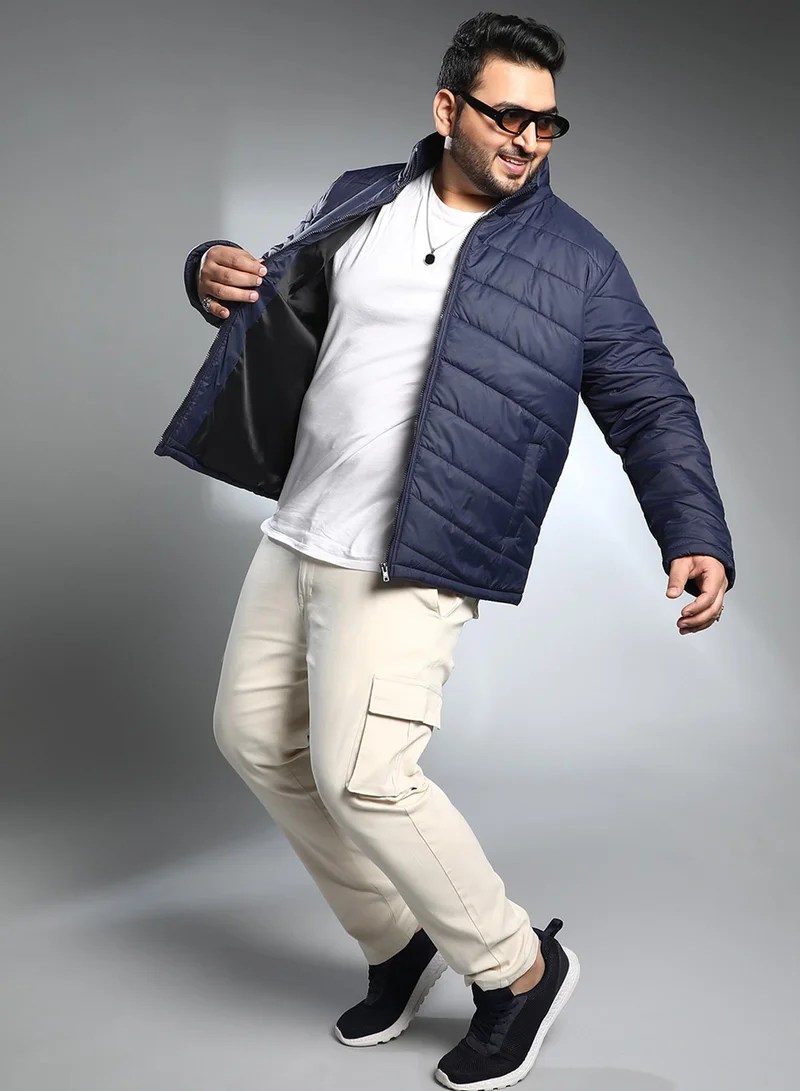 Instafab Plus Instafab Plus Men's Navy Blue Chevron Quilted Jacket For Casual Wear | High Neck | Long Regular Sleeves | Zipper Closure | Plus Size Shirt Crafted With Comfort Fit For Everyday Wear