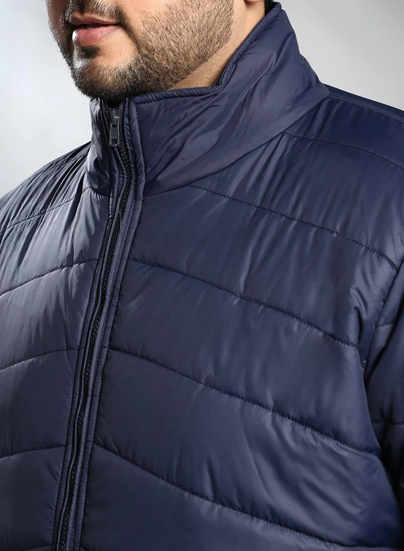 Instafab Plus Instafab Plus Men's Navy Blue Chevron Quilted Jacket For Casual Wear | High Neck | Long Regular Sleeves | Zipper Closure | Plus Size Shirt Crafted With Comfort Fit For Everyday Wear