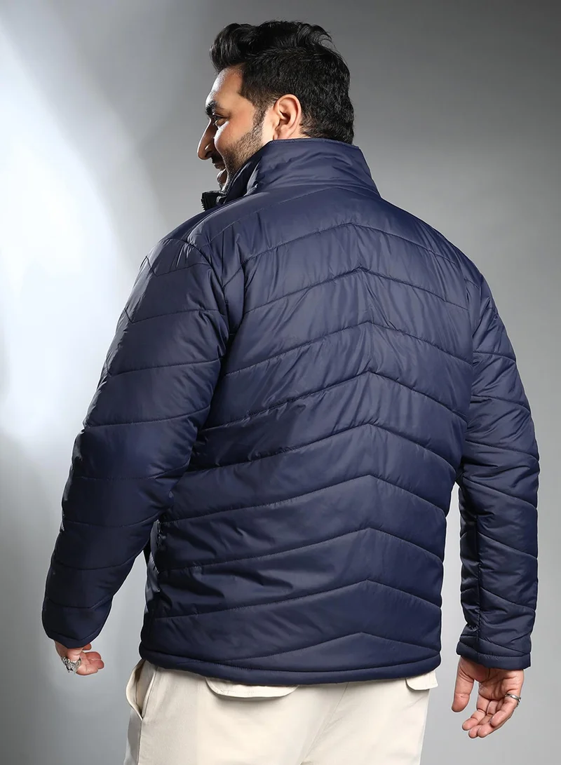 Instafab Plus Instafab Plus Men's Navy Blue Chevron Quilted Jacket For Casual Wear | High Neck | Long Regular Sleeves | Zipper Closure | Plus Size Shirt Crafted With Comfort Fit For Everyday Wear