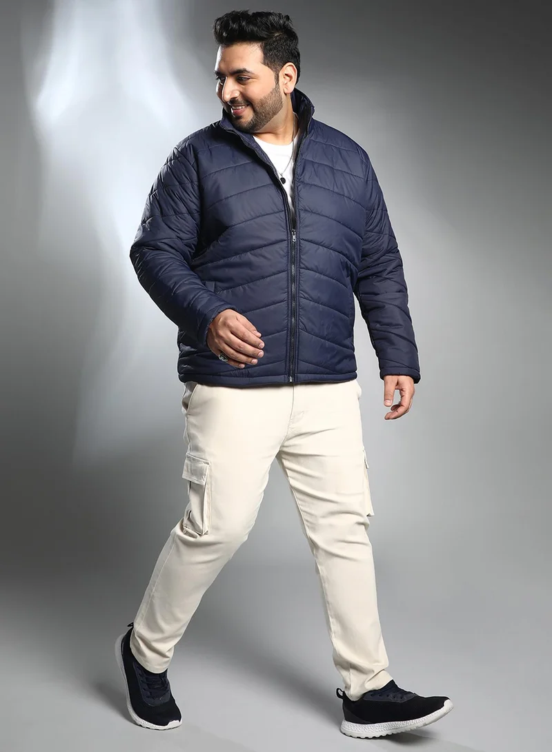 Instafab Plus Instafab Plus Men's Navy Blue Chevron Quilted Jacket For Casual Wear | High Neck | Long Regular Sleeves | Zipper Closure | Plus Size Shirt Crafted With Comfort Fit For Everyday Wear